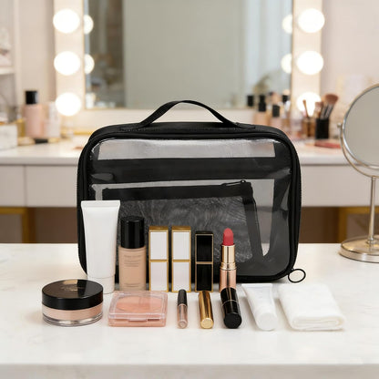 TSA Approved Toiletry Bag, Clear Makeup Bags with Multi Layer Mesh Pockets, Portable Large Capacity PVC Cosmetic Bags with Zipper for Travel Essentials