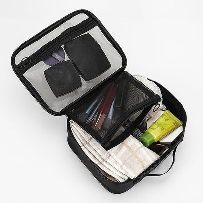 TSA Approved Toiletry Bag, Clear Makeup Bags with Multi Layer Mesh Pockets, Portable Large Capacity PVC Cosmetic Bags with Zipper for Travel Essentials
