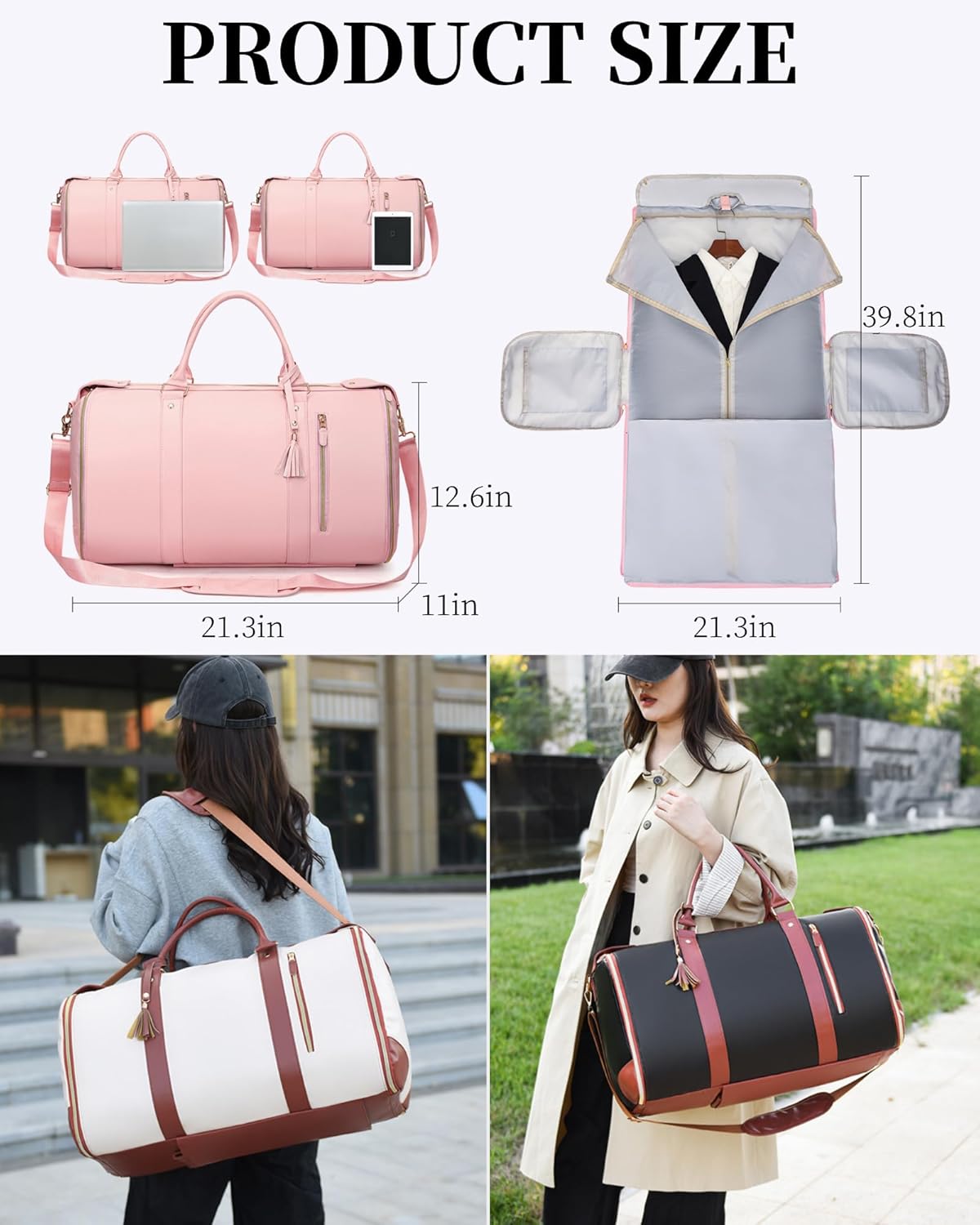Rolling Garment Bag for Travel, 3-in-1 Convertible Carry On Garment Duffle Bag with Wheels, Waterproof PU Leather No Wrinkle Suit Bag for Business Trip, Wedding, Overnight White