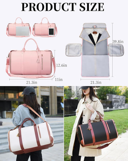 Rolling Garment Bag for Travel, 3-in-1 Convertible Carry On Garment Duffle Bag with Wheels, Waterproof PU Leather No Wrinkle Suit Bag for Business Trip, Wedding, Overnight White