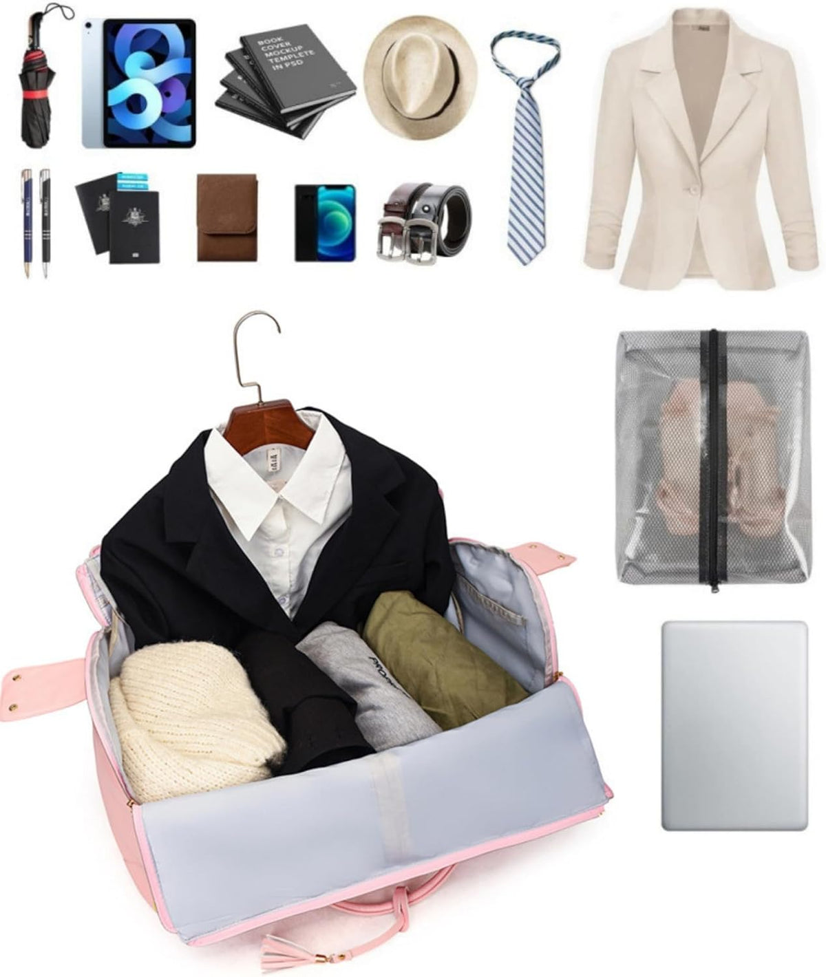 Rolling Garment Bag for Travel, 3-in-1 Convertible Carry On Garment Duffle Bag with Wheels, Waterproof PU Leather No Wrinkle Suit Bag for Business Trip, Wedding, Overnight White