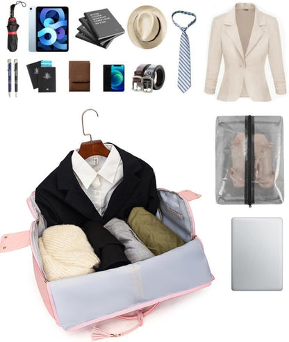 Rolling Garment Bag for Travel, 3-in-1 Convertible Carry On Garment Duffle Bag with Wheels, Waterproof PU Leather No Wrinkle Suit Bag for Business Trip, Wedding, Overnight White