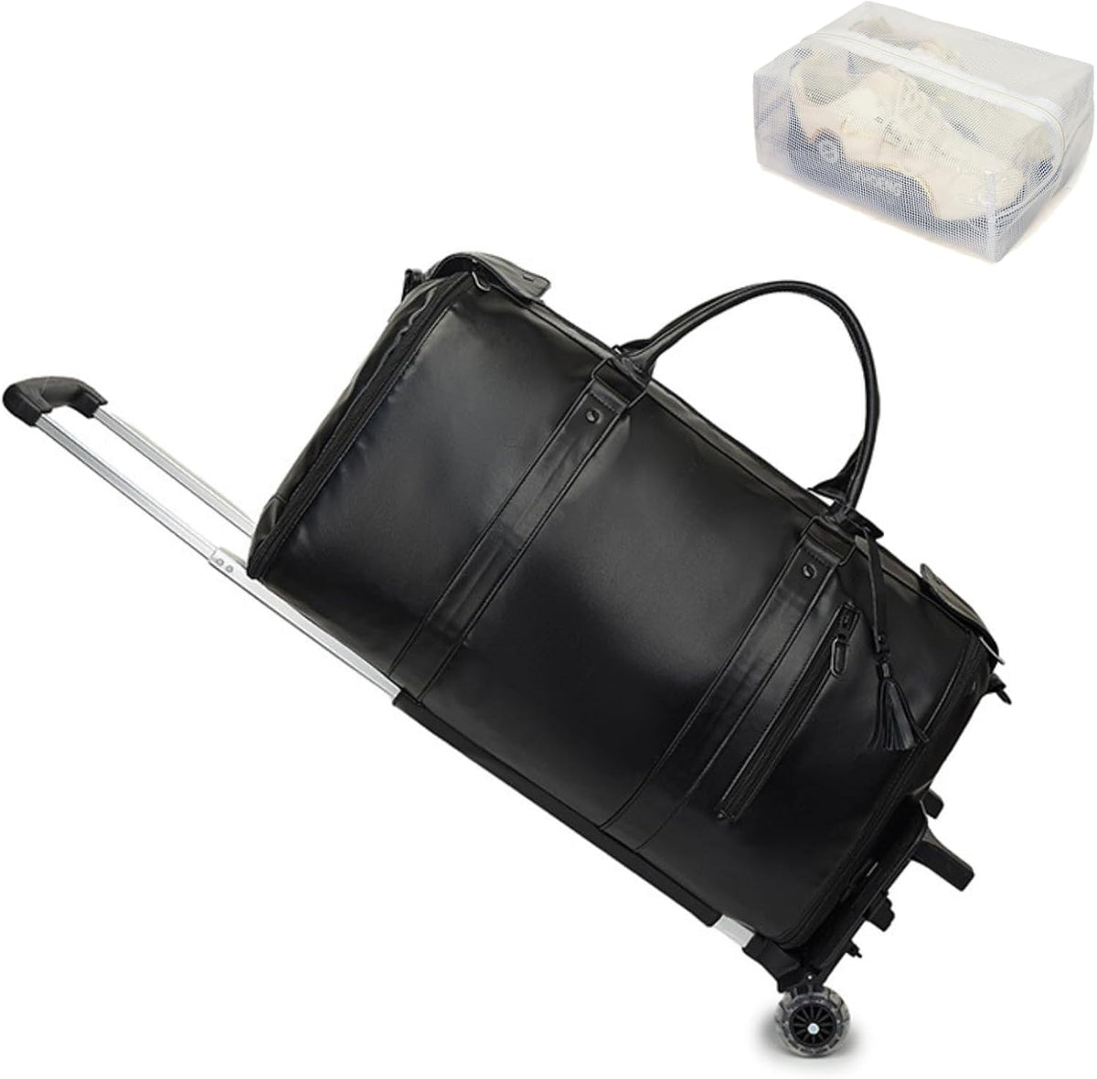 Rolling Garment Bag for Travel, 3-in-1 Convertible Carry On Garment Duffle Bag with Wheels, Waterproof PU Leather No Wrinkle Suit Bag for Business Trip, Wedding, Overnight White