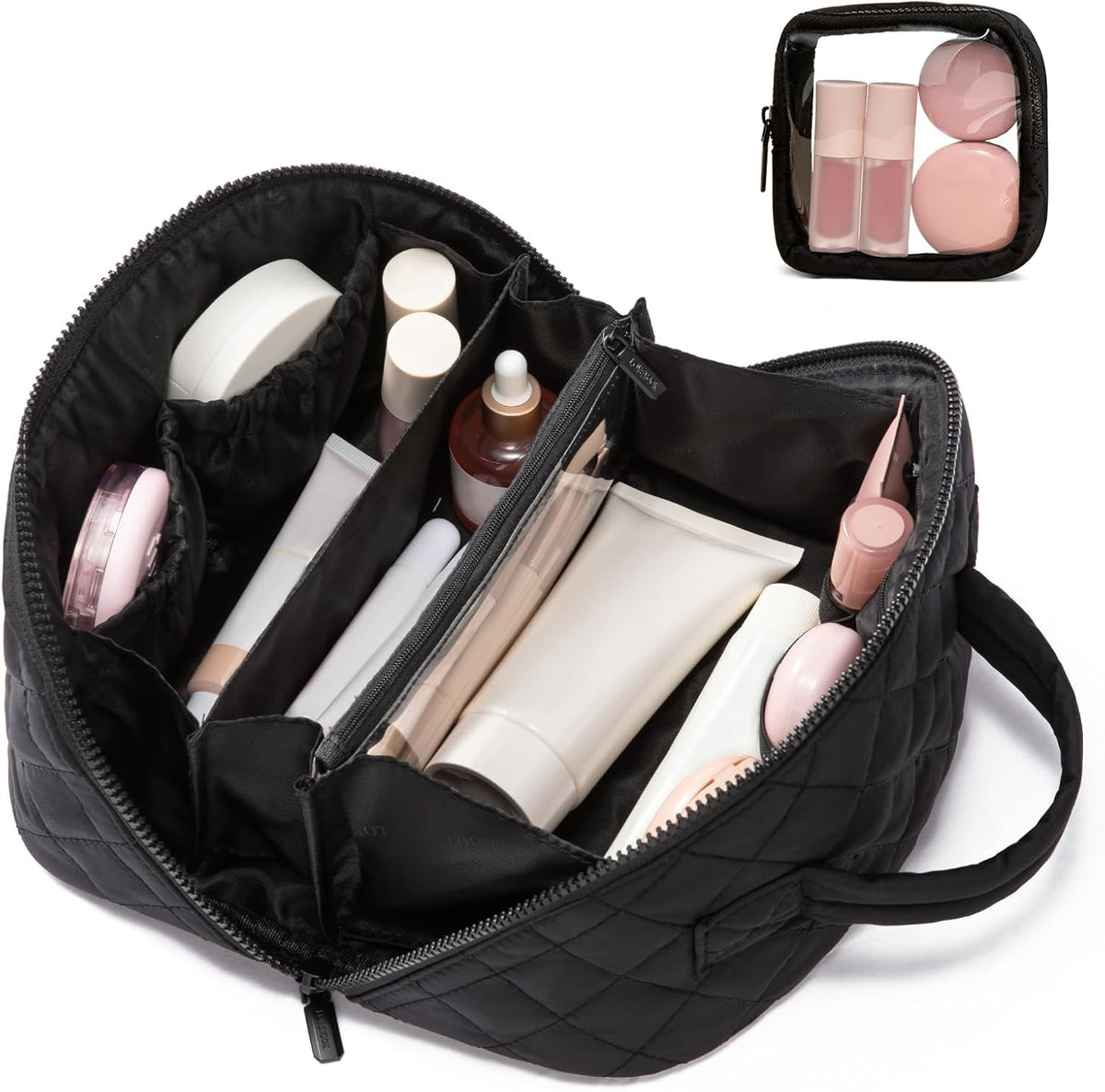 Travel Makeup Bag for Women, 2Pcs Puffer Waterproof Cosmetic Organizer, Large Capacity Pouch Open Flat Small Toiletry Bag with Brush Compartment & Handle (Pink, Medium)