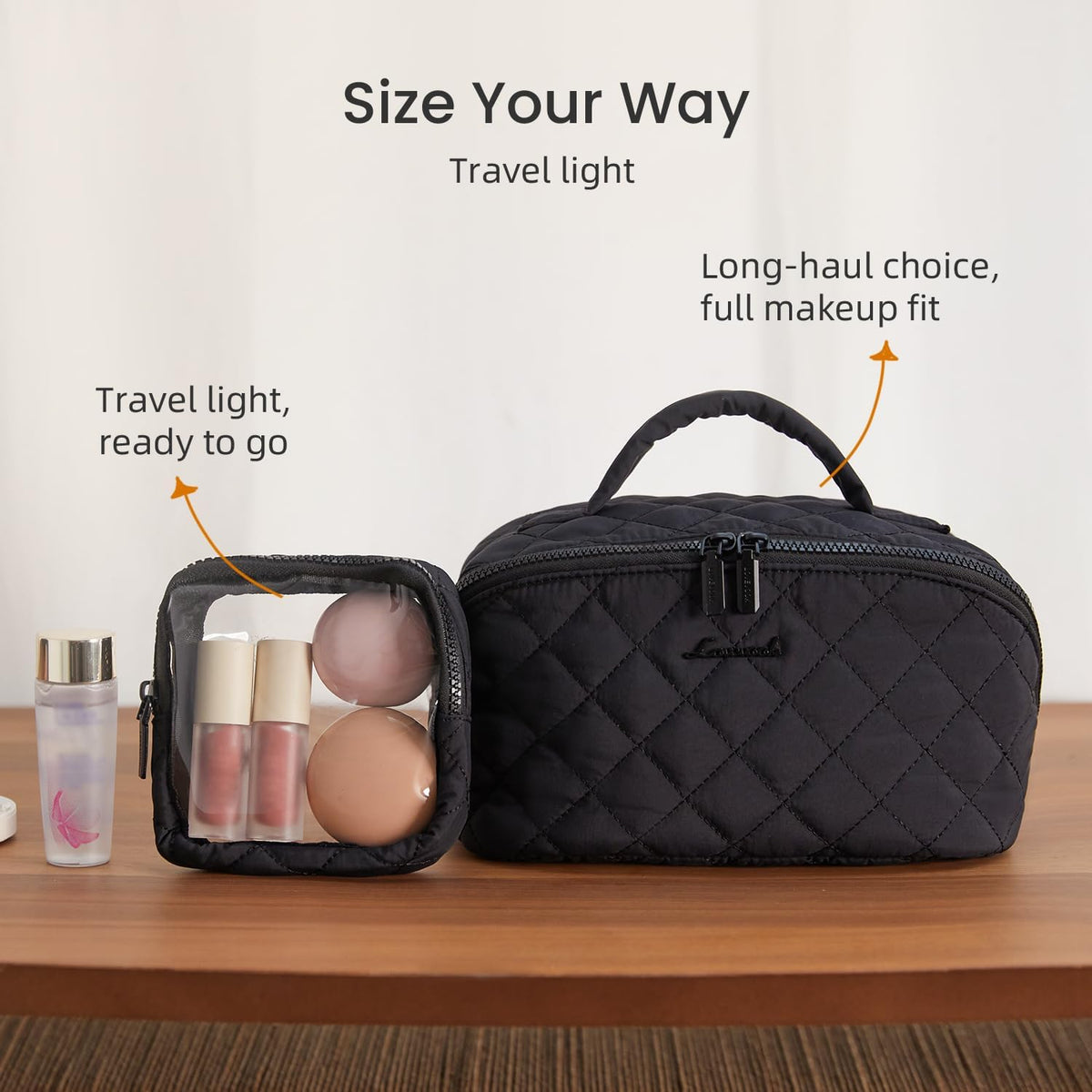 Travel Makeup Bag for Women, 2Pcs Puffer Waterproof Cosmetic Organizer, Large Capacity Pouch Open Flat Small Toiletry Bag with Brush Compartment & Handle (Pink, Medium)