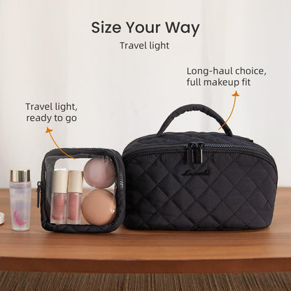 Travel Makeup Bag for Women, 2Pcs Puffer Waterproof Cosmetic Organizer, Large Capacity Pouch Open Flat Small Toiletry Bag with Brush Compartment & Handle (Pink, Medium)