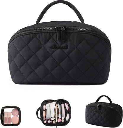 Travel Makeup Bag for Women, 2Pcs Puffer Waterproof Cosmetic Organizer, Large Capacity Pouch Open Flat Small Toiletry Bag with Brush Compartment & Handle (Pink, Medium)