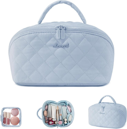 Travel Makeup Bag for Women, 2Pcs Puffer Waterproof Cosmetic Organizer, Large Capacity Pouch Open Flat Small Toiletry Bag with Brush Compartment & Handle (Pink, Medium)