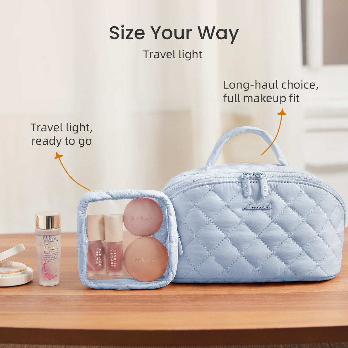 Travel Makeup Bag for Women, 2Pcs Puffer Waterproof Cosmetic Organizer, Large Capacity Pouch Open Flat Small Toiletry Bag with Brush Compartment & Handle (Pink, Medium)
