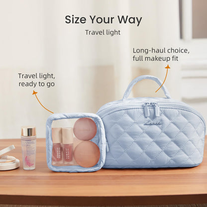 Travel Makeup Bag for Women, 2Pcs Puffer Waterproof Cosmetic Organizer, Large Capacity Pouch Open Flat Small Toiletry Bag with Brush Compartment & Handle (Pink, Medium)
