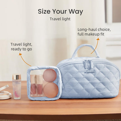 Travel Makeup Bag for Women, 2Pcs Puffer Waterproof Cosmetic Organizer, Large Capacity Pouch Open Flat Small Toiletry Bag with Brush Compartment & Handle (Pink, Medium)