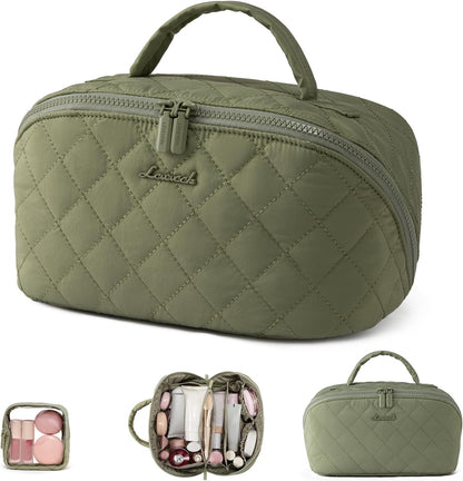 Travel Makeup Bag for Women, 2Pcs Puffer Waterproof Cosmetic Organizer, Large Capacity Pouch Open Flat Small Toiletry Bag with Brush Compartment & Handle (Pink, Medium)