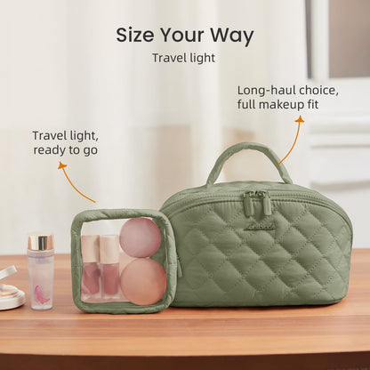 Travel Makeup Bag for Women, 2Pcs Puffer Waterproof Cosmetic Organizer, Large Capacity Pouch Open Flat Small Toiletry Bag with Brush Compartment & Handle (Pink, Medium)