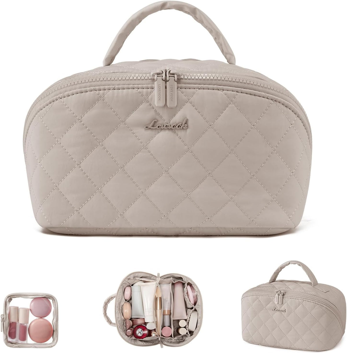 Travel Makeup Bag for Women, 2Pcs Puffer Waterproof Cosmetic Organizer, Large Capacity Pouch Open Flat Small Toiletry Bag with Brush Compartment & Handle (Pink, Medium)