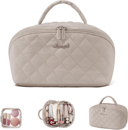 Travel Makeup Bag for Women, 2Pcs Puffer Waterproof Cosmetic Organizer, Large Capacity Pouch Open Flat Small Toiletry Bag with Brush Compartment & Handle (Pink, Medium)