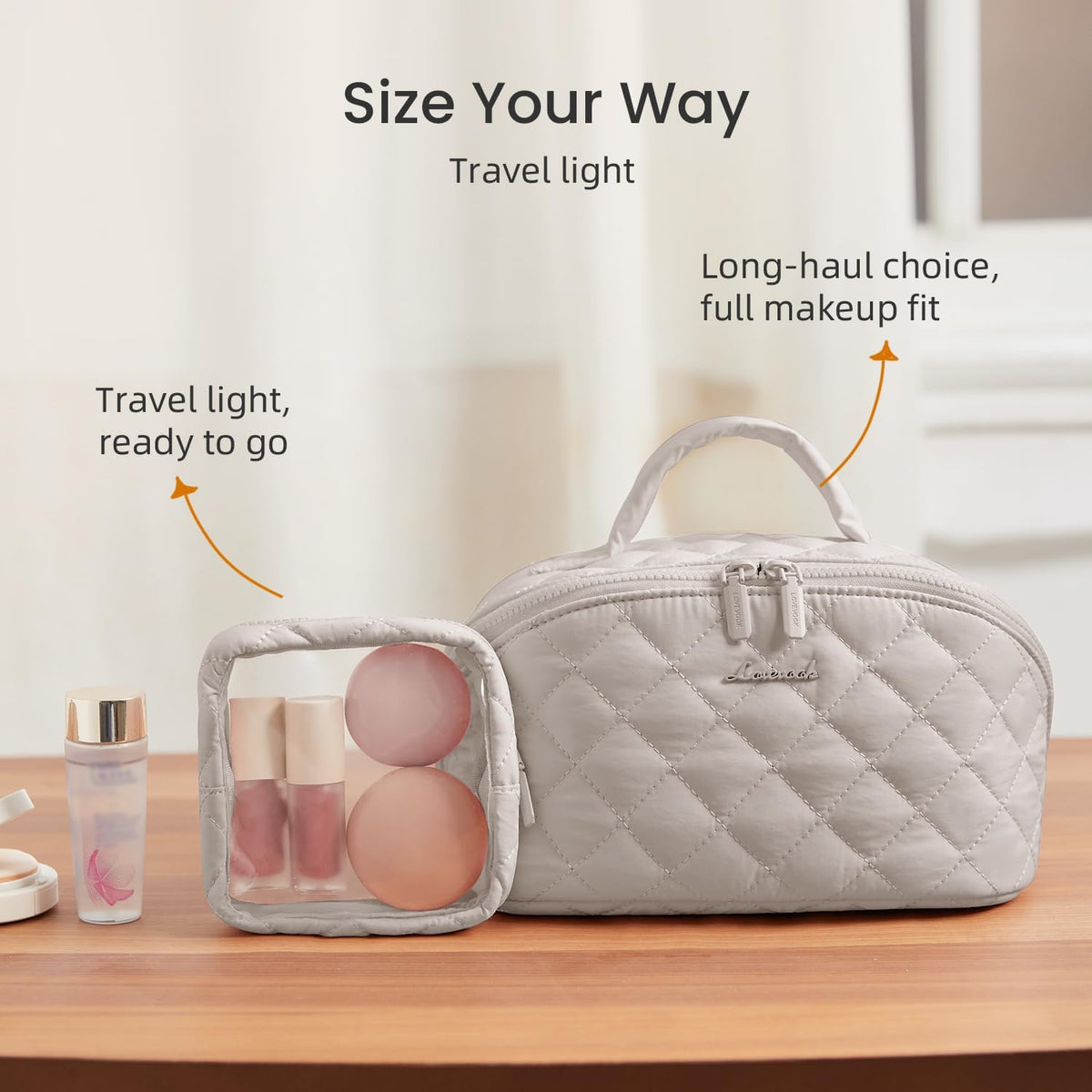 Travel Makeup Bag for Women, 2Pcs Puffer Waterproof Cosmetic Organizer, Large Capacity Pouch Open Flat Small Toiletry Bag with Brush Compartment & Handle (Pink, Medium)