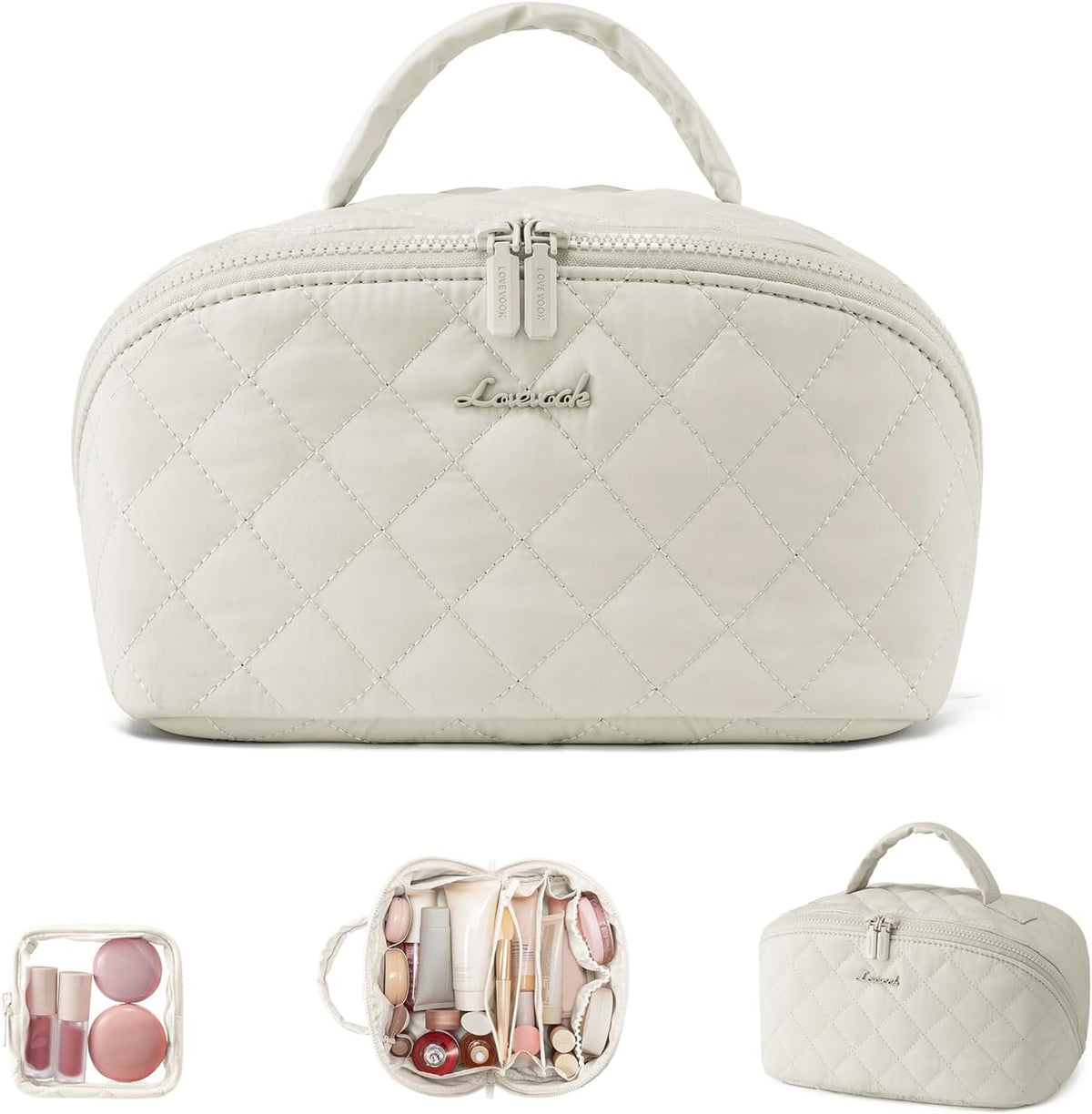Travel Makeup Bag for Women, 2Pcs Puffer Waterproof Cosmetic Organizer, Large Capacity Pouch Open Flat Small Toiletry Bag with Brush Compartment & Handle (Pink, Medium)