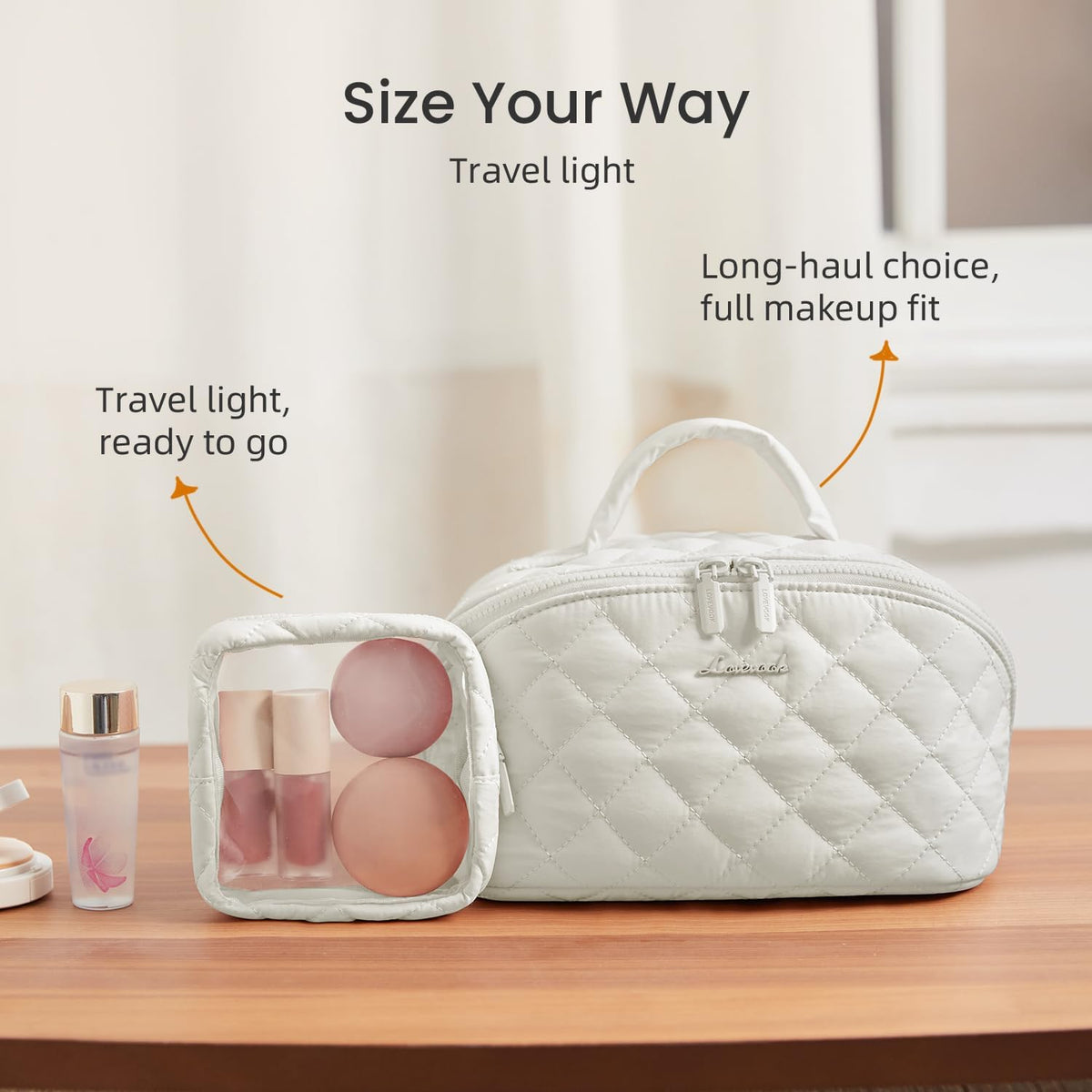 Travel Makeup Bag for Women, 2Pcs Puffer Waterproof Cosmetic Organizer, Large Capacity Pouch Open Flat Small Toiletry Bag with Brush Compartment & Handle (Pink, Medium)