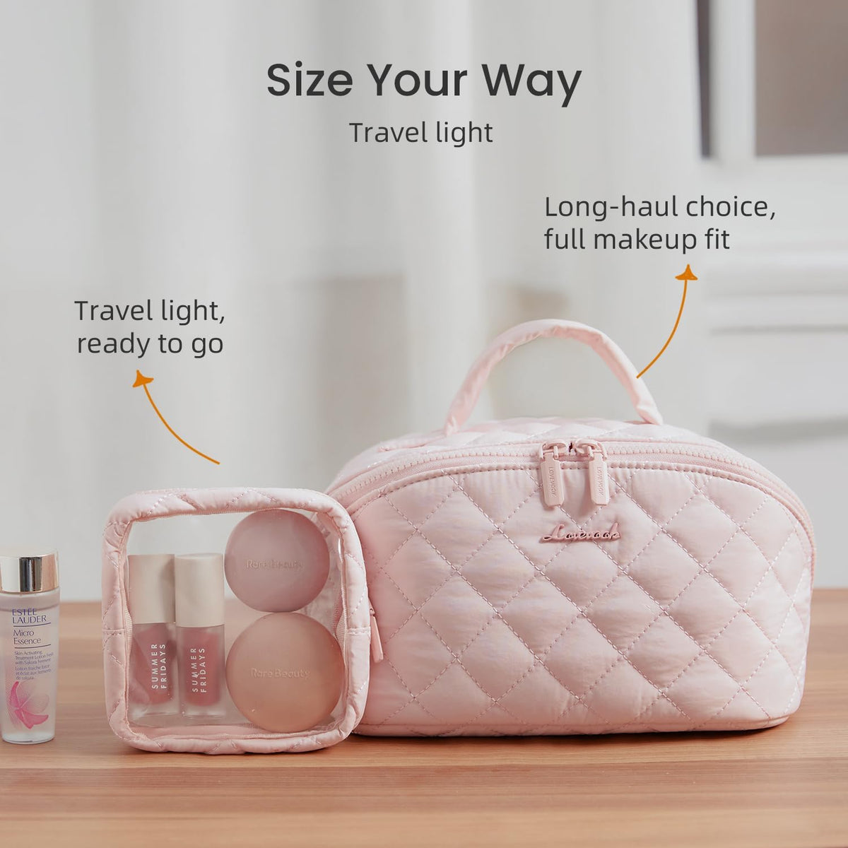 Travel Makeup Bag for Women, 2Pcs Puffer Waterproof Cosmetic Organizer, Large Capacity Pouch Open Flat Small Toiletry Bag with Brush Compartment & Handle (Pink, Medium)