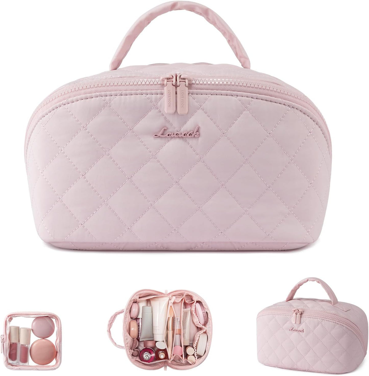 Travel Makeup Bag for Women, 2Pcs Puffer Waterproof Cosmetic Organizer, Large Capacity Pouch Open Flat Small Toiletry Bag with Brush Compartment & Handle (Pink, Medium)