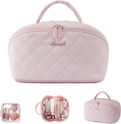 Travel Makeup Bag for Women, 2Pcs Puffer Waterproof Cosmetic Organizer, Large Capacity Pouch Open Flat Small Toiletry Bag with Brush Compartment & Handle (Pink, Medium)
