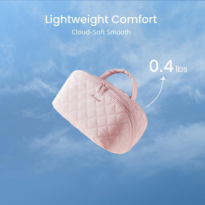 Travel Makeup Bag for Women, 2Pcs Puffer Waterproof Cosmetic Organizer, Large Capacity Pouch Open Flat Small Toiletry Bag with Brush Compartment & Handle (Pink, Medium)