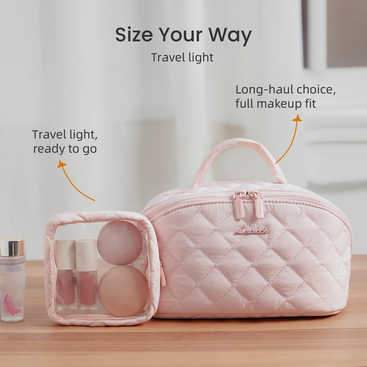 Travel Makeup Bag for Women, 2Pcs Puffer Waterproof Cosmetic Organizer, Large Capacity Pouch Open Flat Small Toiletry Bag with Brush Compartment & Handle (Pink, Medium)