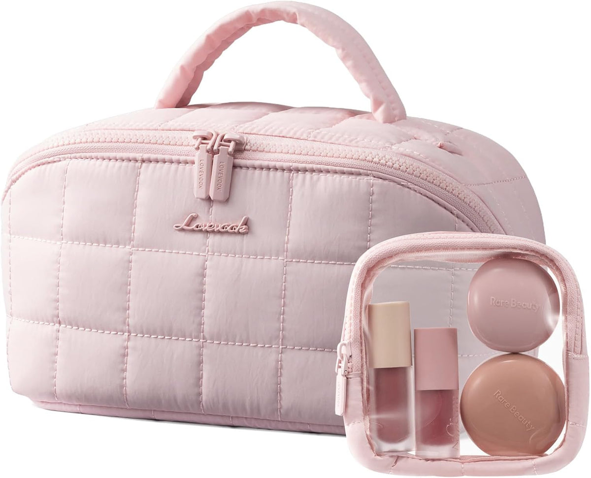 Travel Makeup Bag for Women, 2Pcs Puffer Waterproof Cosmetic Organizer, Large Capacity Pouch Open Flat Small Toiletry Bag with Brush Compartment & Handle (Pink, Medium)