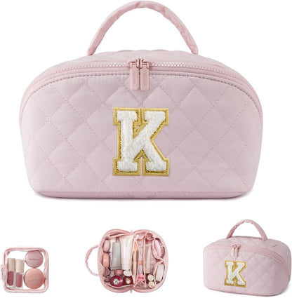 Travel Makeup Bag for Women, 2Pcs Puffer Waterproof Cosmetic Organizer, Large Capacity Pouch Open Flat Small Toiletry Bag with Brush Compartment & Handle (Pink, Medium)