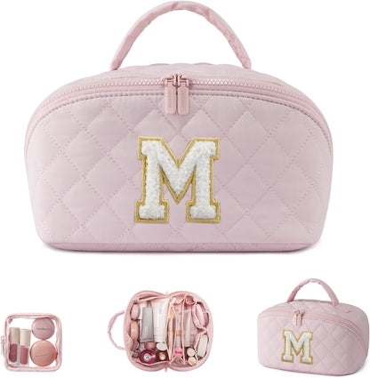Travel Makeup Bag for Women, 2Pcs Puffer Waterproof Cosmetic Organizer, Large Capacity Pouch Open Flat Small Toiletry Bag with Brush Compartment & Handle (Pink, Medium)