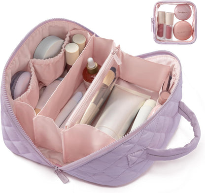 Travel Makeup Bag for Women, 2Pcs Puffer Waterproof Cosmetic Organizer, Large Capacity Pouch Open Flat Small Toiletry Bag with Brush Compartment & Handle (Pink, Medium)