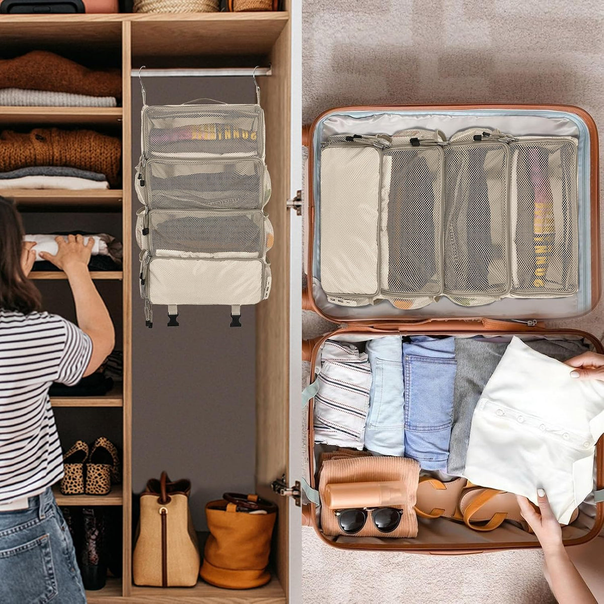 Travel Hanging Packing Cubes with 2 Hooks Hanging Shelves for Luggage Organizers Portable Compression 4 Shelf Closet Carry-on Suitcases Organizers, Small, Black