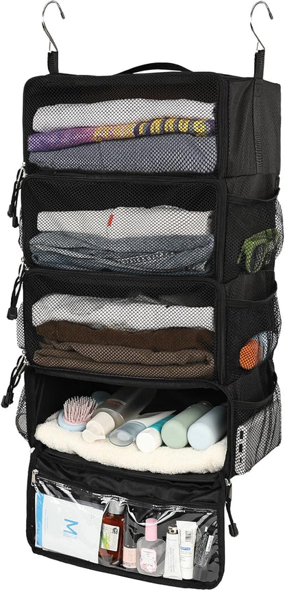Travel Hanging Packing Cubes with 2 Hooks Hanging Shelves for Luggage Organizers Portable Compression 4 Shelf Closet Carry-on Suitcases Organizers, Small, Black