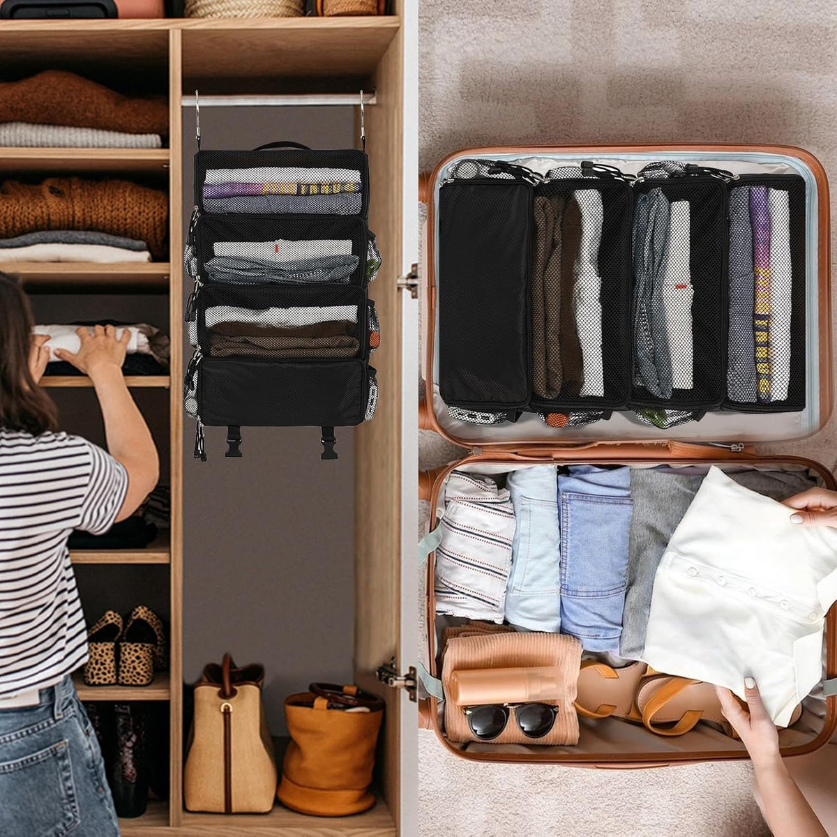 Travel Hanging Packing Cubes with 2 Hooks Hanging Shelves for Luggage Organizers Portable Compression 4 Shelf Closet Carry-on Suitcases Organizers, Small, Black