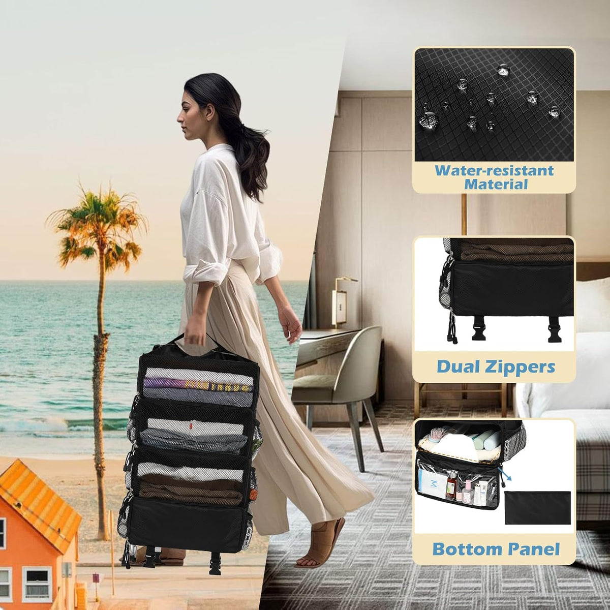Travel Hanging Packing Cubes with 2 Hooks Hanging Shelves for Luggage Organizers Portable Compression 4 Shelf Closet Carry-on Suitcases Organizers, Small, Black