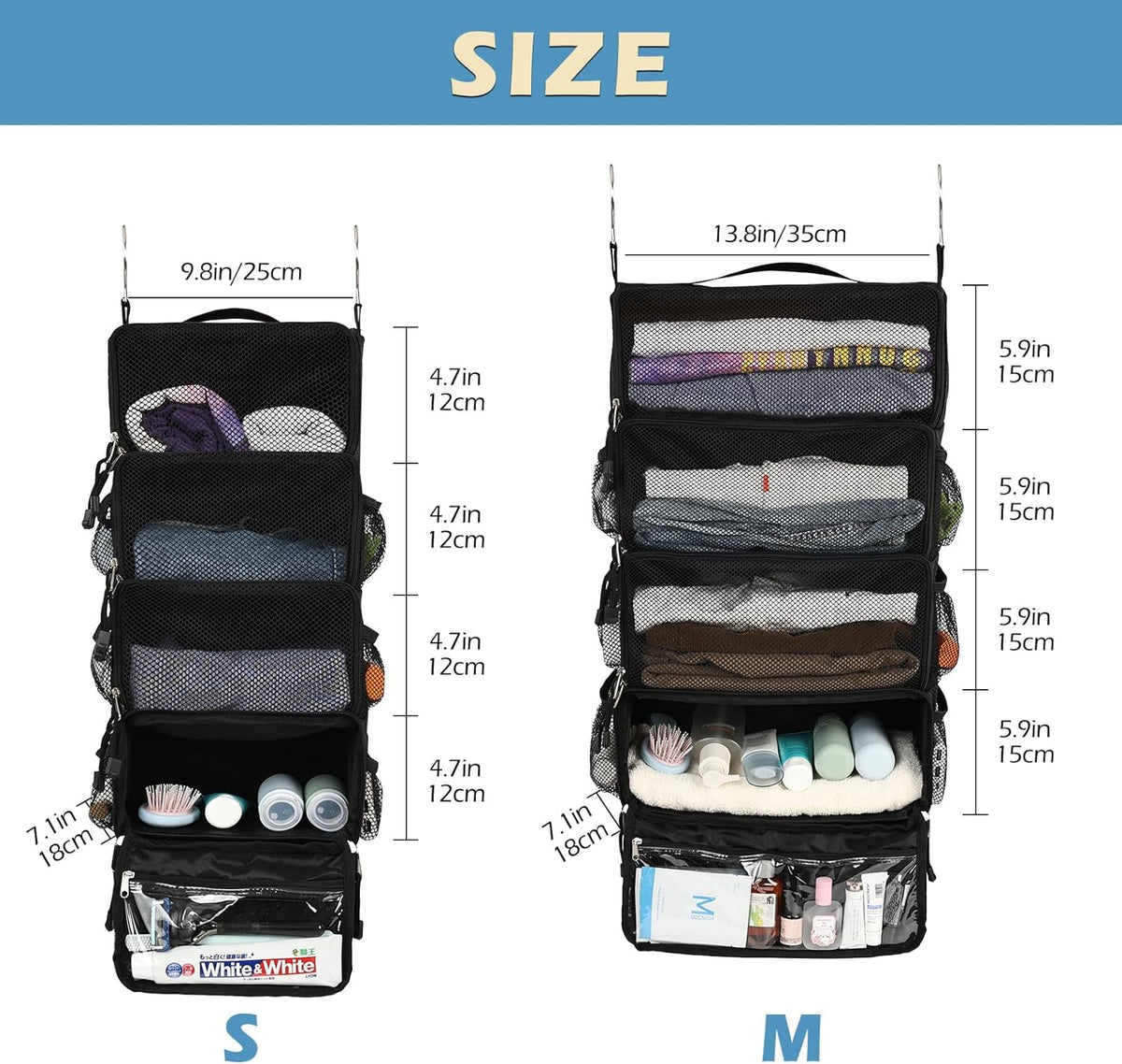 Travel Hanging Packing Cubes with 2 Hooks Hanging Shelves for Luggage Organizers Portable Compression 4 Shelf Closet Carry-on Suitcases Organizers, Small, Black