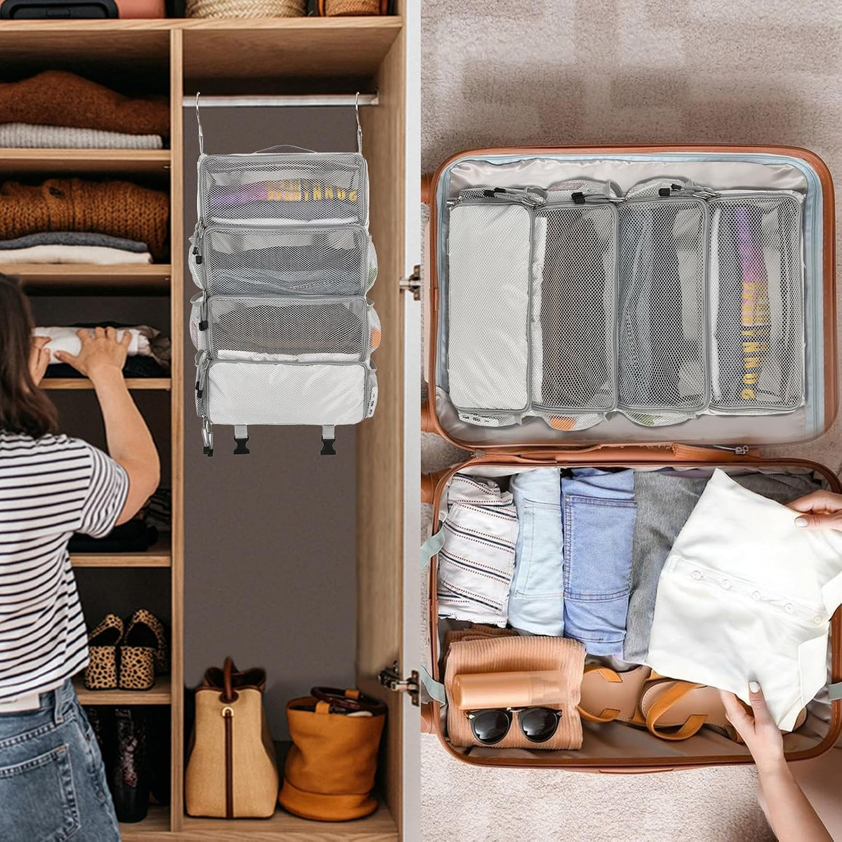 Travel Hanging Packing Cubes with 2 Hooks Hanging Shelves for Luggage Organizers Portable Compression 4 Shelf Closet Carry-on Suitcases Organizers, Small, Black