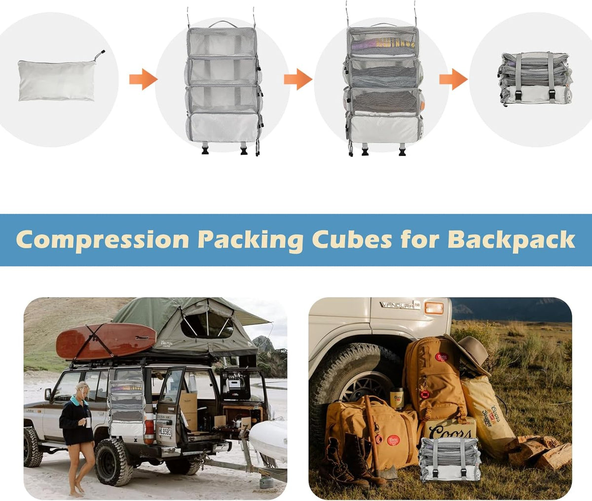 Travel Hanging Packing Cubes with 2 Hooks Hanging Shelves for Luggage Organizers Portable Compression 4 Shelf Closet Carry-on Suitcases Organizers, Small, Black