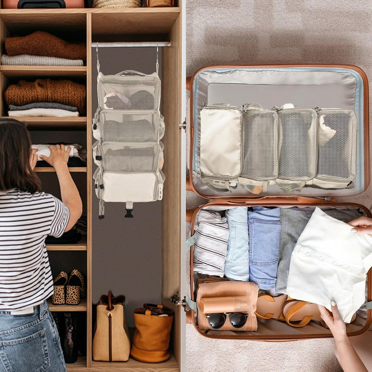 Travel Hanging Packing Cubes with 2 Hooks Hanging Shelves for Luggage Organizers Portable Compression 4 Shelf Closet Carry-on Suitcases Organizers, Small, Black