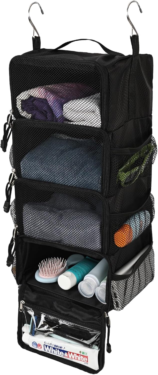 Travel Hanging Packing Cubes with 2 Hooks Hanging Shelves for Luggage Organizers Portable Compression 4 Shelf Closet Carry-on Suitcases Organizers, Small, Black