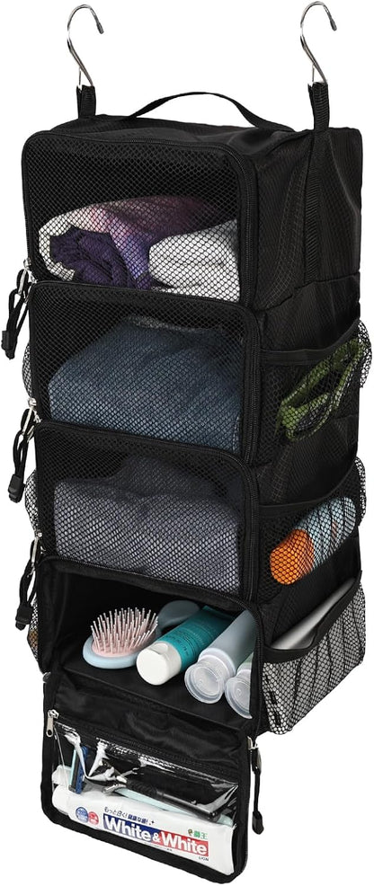 Travel Hanging Packing Cubes with 2 Hooks Hanging Shelves for Luggage Organizers Portable Compression 4 Shelf Closet Carry-on Suitcases Organizers, Small, Black