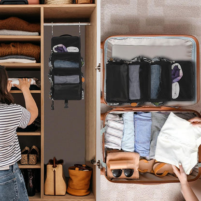 Travel Hanging Packing Cubes with 2 Hooks Hanging Shelves for Luggage Organizers Portable Compression 4 Shelf Closet Carry-on Suitcases Organizers, Small, Black