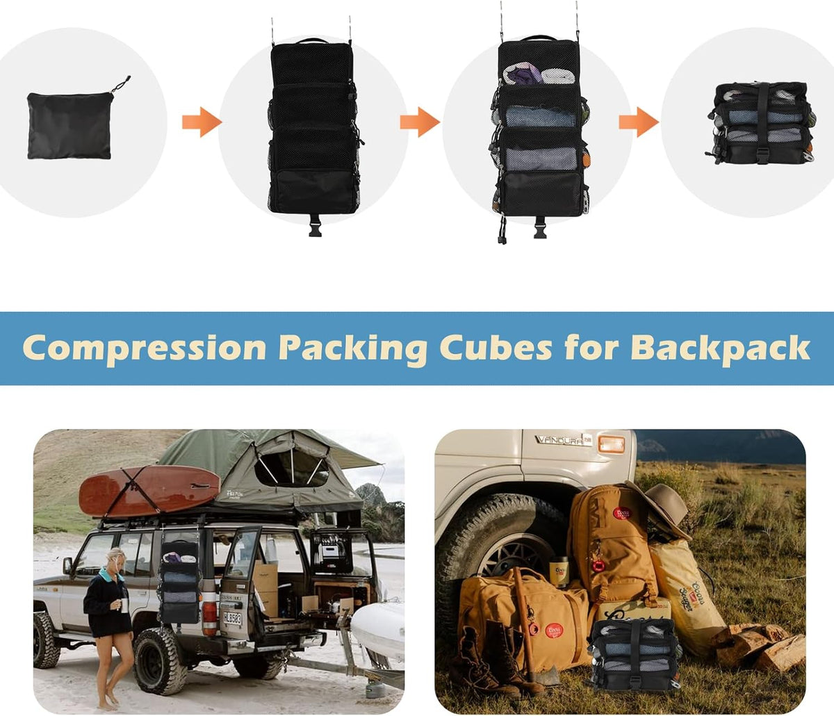 Travel Hanging Packing Cubes with 2 Hooks Hanging Shelves for Luggage Organizers Portable Compression 4 Shelf Closet Carry-on Suitcases Organizers, Small, Black