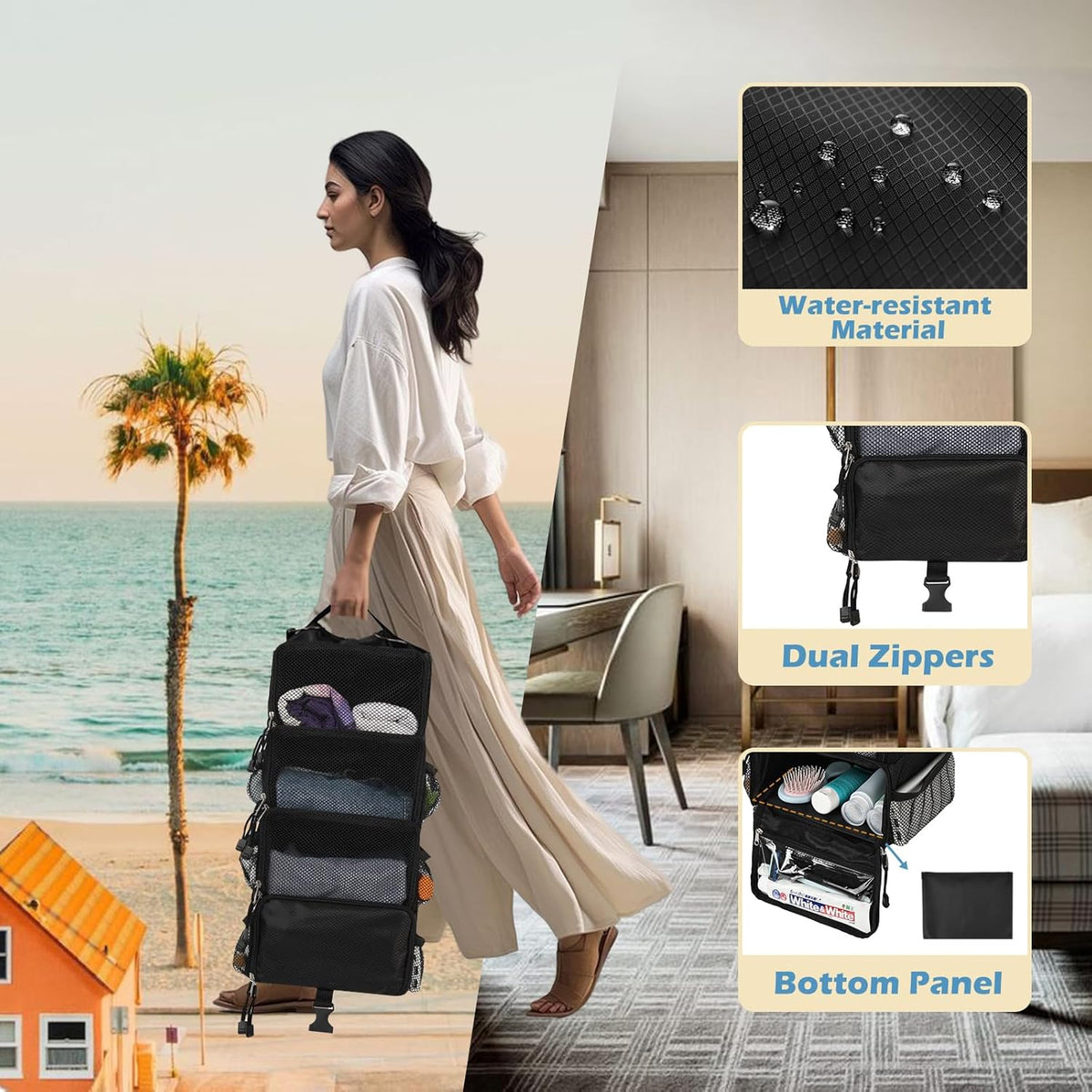 Travel Hanging Packing Cubes with 2 Hooks Hanging Shelves for Luggage Organizers Portable Compression 4 Shelf Closet Carry-on Suitcases Organizers, Small, Black