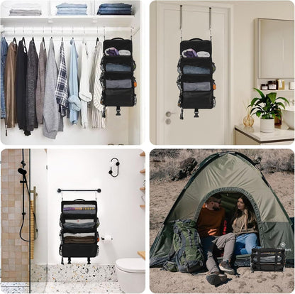 Travel Hanging Packing Cubes with 2 Hooks Hanging Shelves for Luggage Organizers Portable Compression 4 Shelf Closet Carry-on Suitcases Organizers, Small, Black