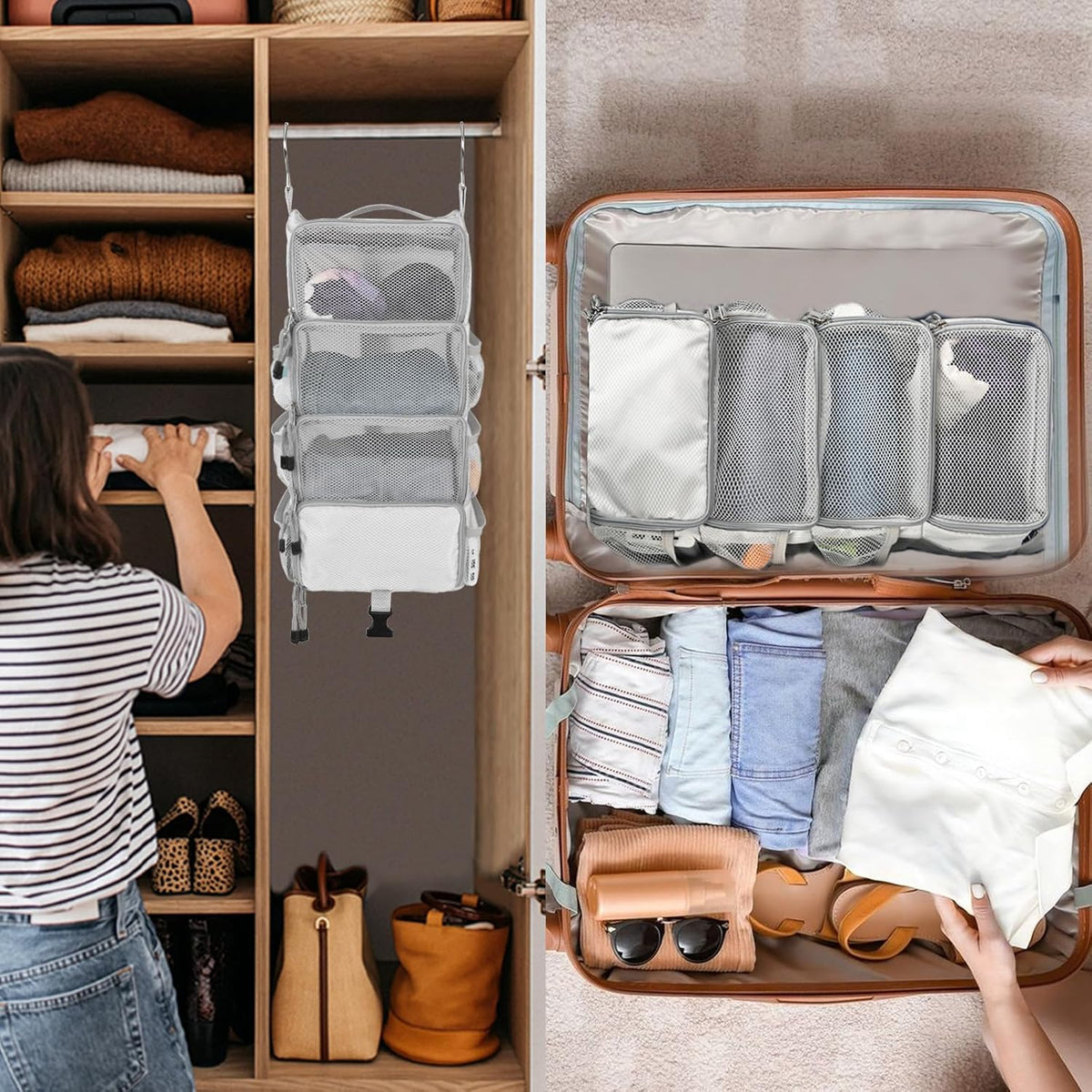 Travel Hanging Packing Cubes with 2 Hooks Hanging Shelves for Luggage Organizers Portable Compression 4 Shelf Closet Carry-on Suitcases Organizers, Small, Black
