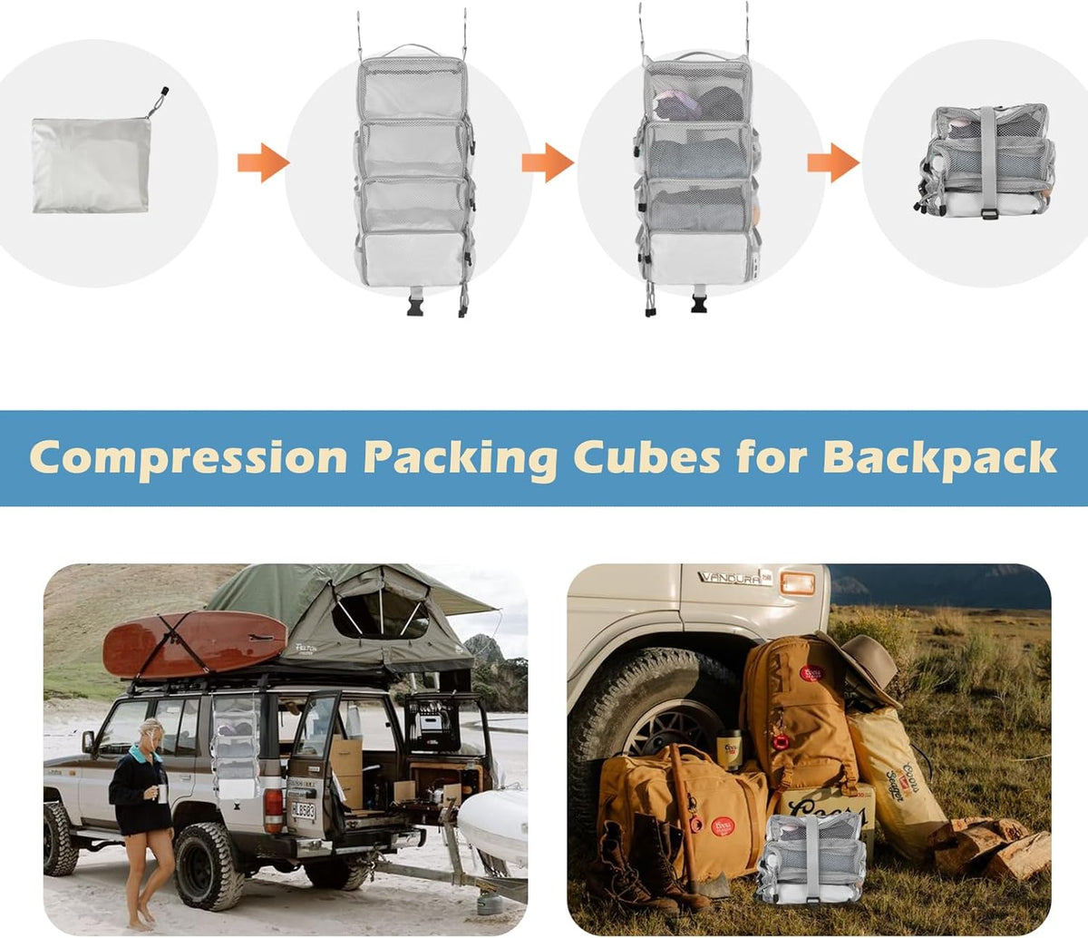 Travel Hanging Packing Cubes with 2 Hooks Hanging Shelves for Luggage Organizers Portable Compression 4 Shelf Closet Carry-on Suitcases Organizers, Small, Black