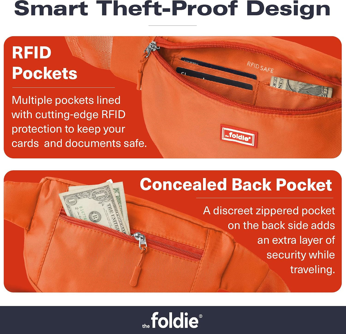 Foldable Crossbody Bags for Women & Men - Anti-Theft RFID-Safe Fanny Pack with Smart Lockable Zippers and Cut-Resistant Strap - Lightweight Waist Pack for Travel & Everyday Use - Orange
