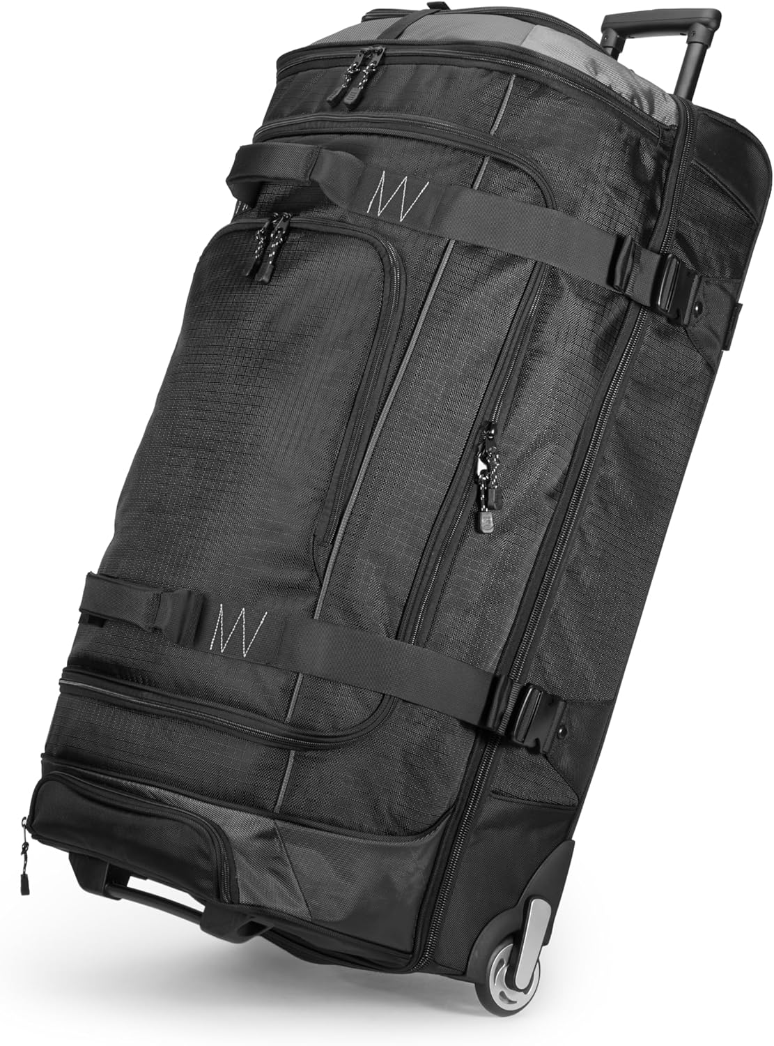 35-inch Large Rolling Duffel Bag with Wheels and Handle, Travel Duffle with Durable Ripstop Polyester Material, 2 Layers of Storage Space, Multiple Interior and Exterior Pockets, Black