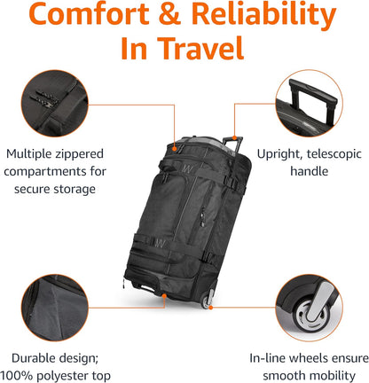 35-inch Large Rolling Duffel Bag with Wheels and Handle, Travel Duffle with Durable Ripstop Polyester Material, 2 Layers of Storage Space, Multiple Interior and Exterior Pockets, Black